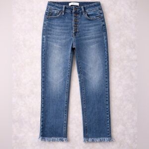 KanCan Medium Blue High-Rise Skinny Jeans with Frayed Ankles